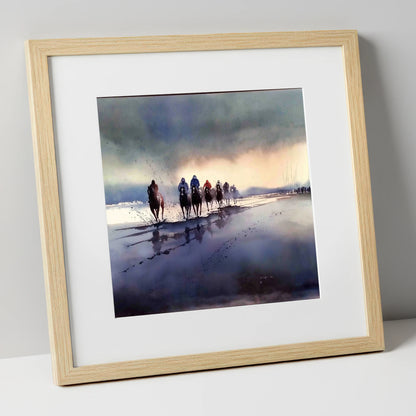 Morning Beach Gallops racing horse art print in natural frame