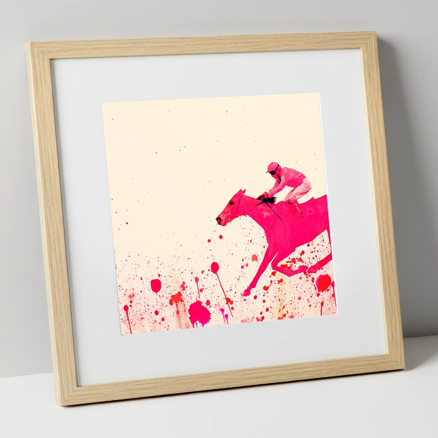 Velocity in Magenta racing horse art print in natural frame