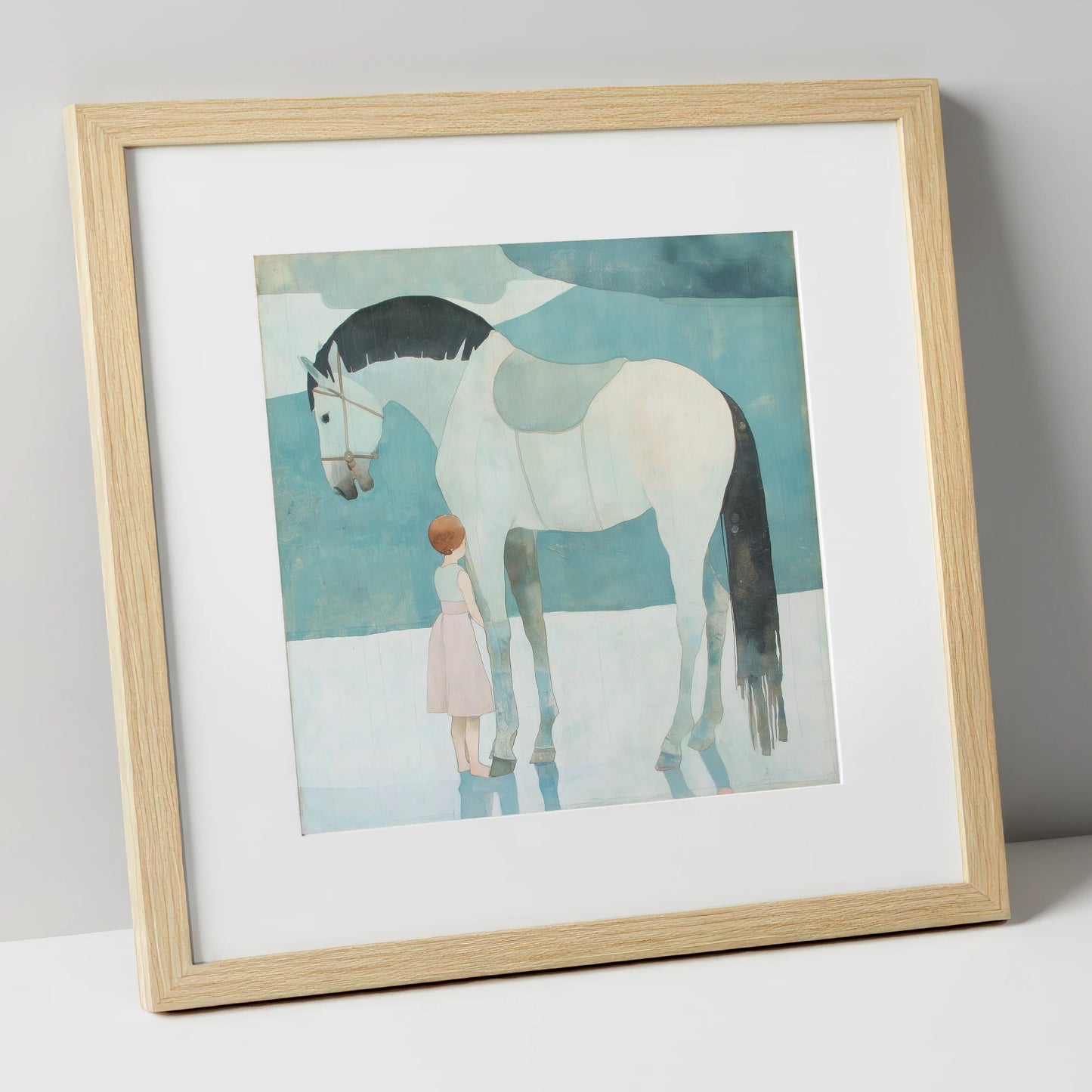 Quiet Trust horse & rider art print in natural frame
