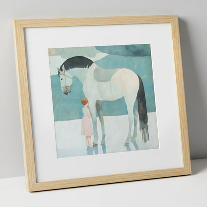 Quiet Trust horse & rider art print in natural frame