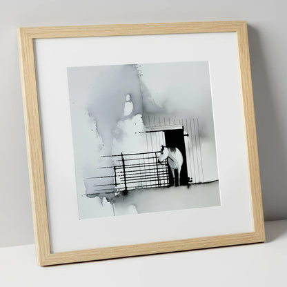 Dawn at the Stable horse stable art print in natural frame