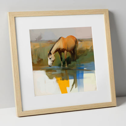 Vibrant Waterside Reflection horse landscape art print in natural frame