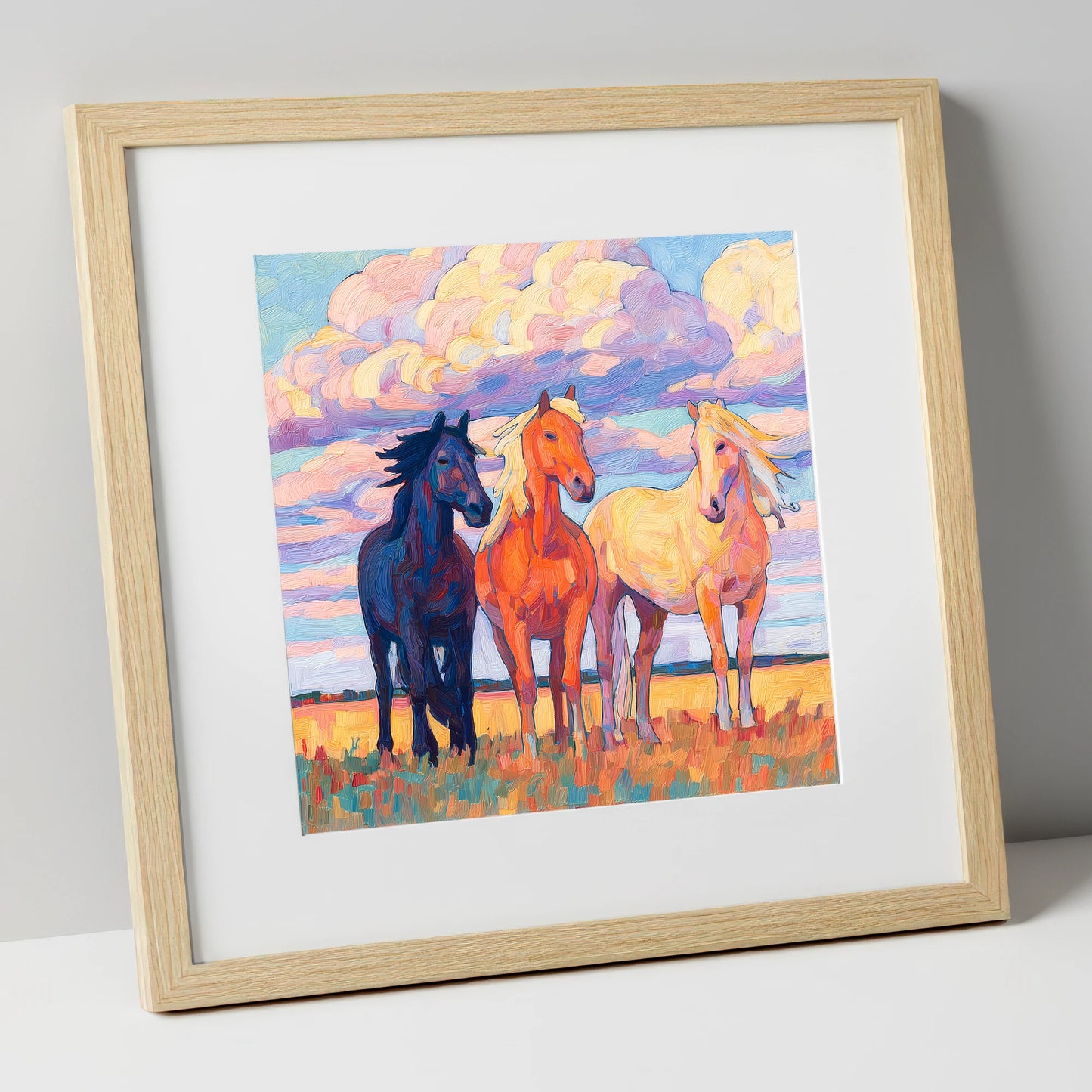 Three Under Painted Skies horse landscape art print in natural frame