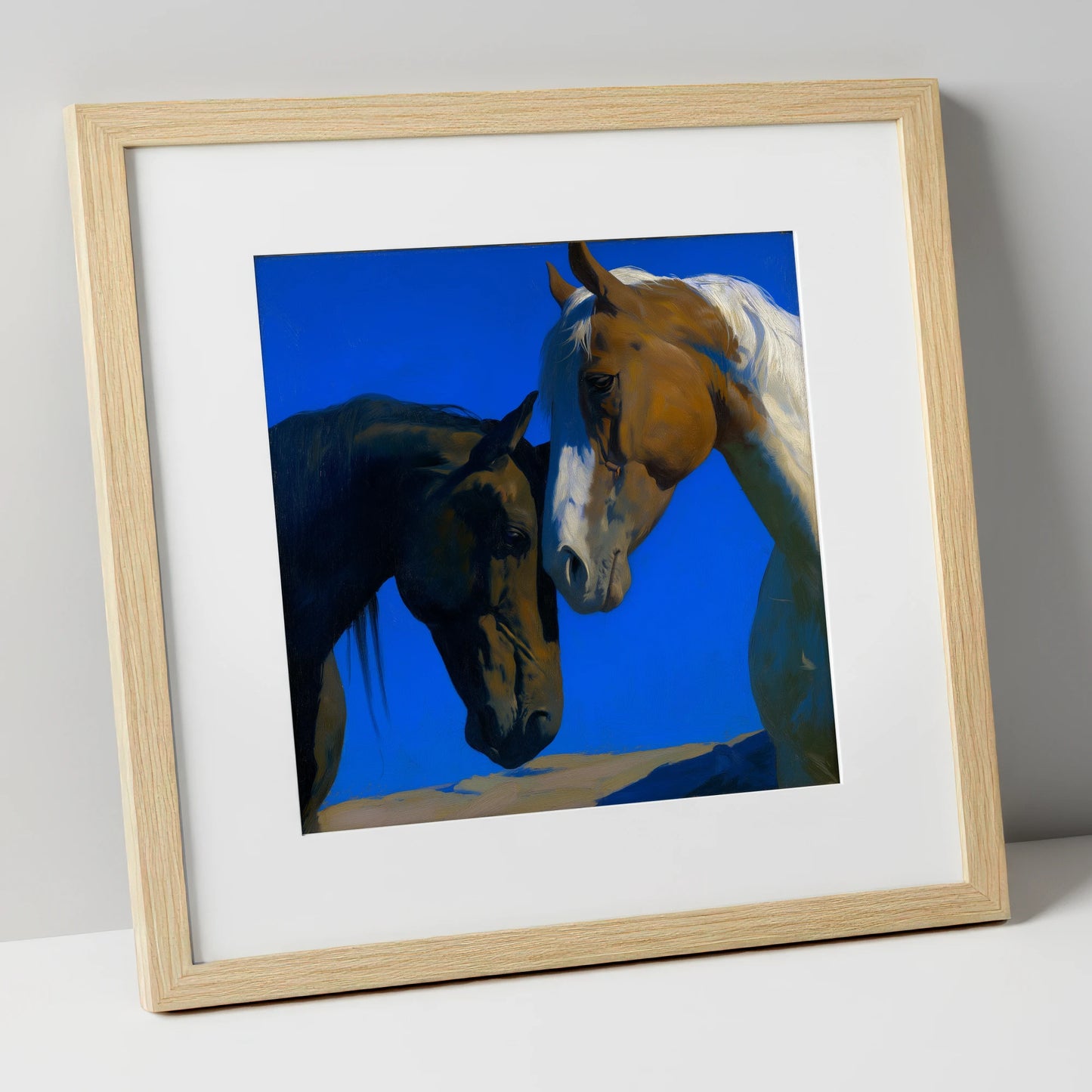 Sunlit Companions horse portrait art print in natural frame