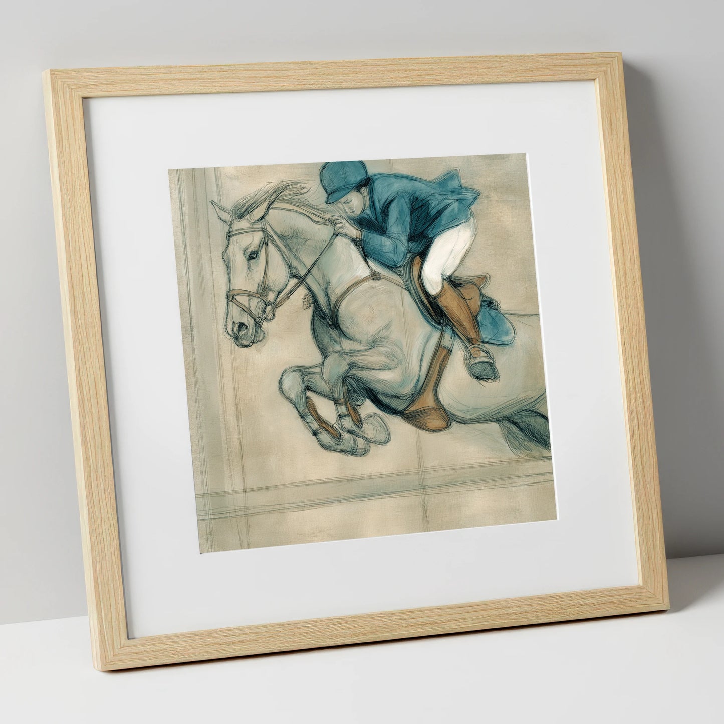 Suspended Flight show jumping horse art print in natural frame