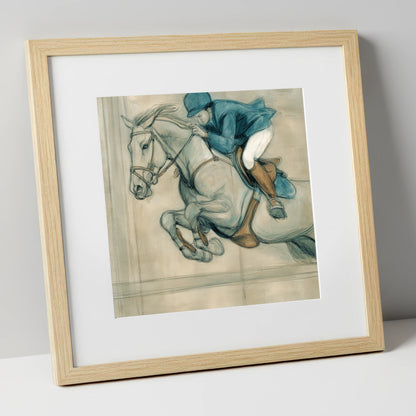 Suspended Flight show jumping horse art print in natural frame