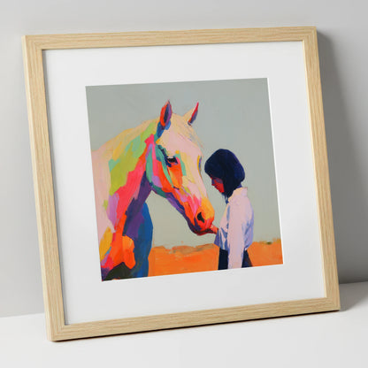 Vivid Connection horse & rider art print in natural frame