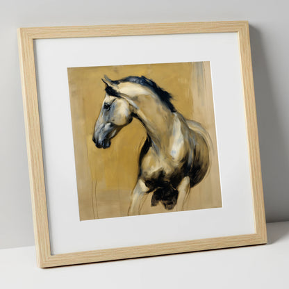 Spirited Ochre Profile horse portrait art print in natural frame