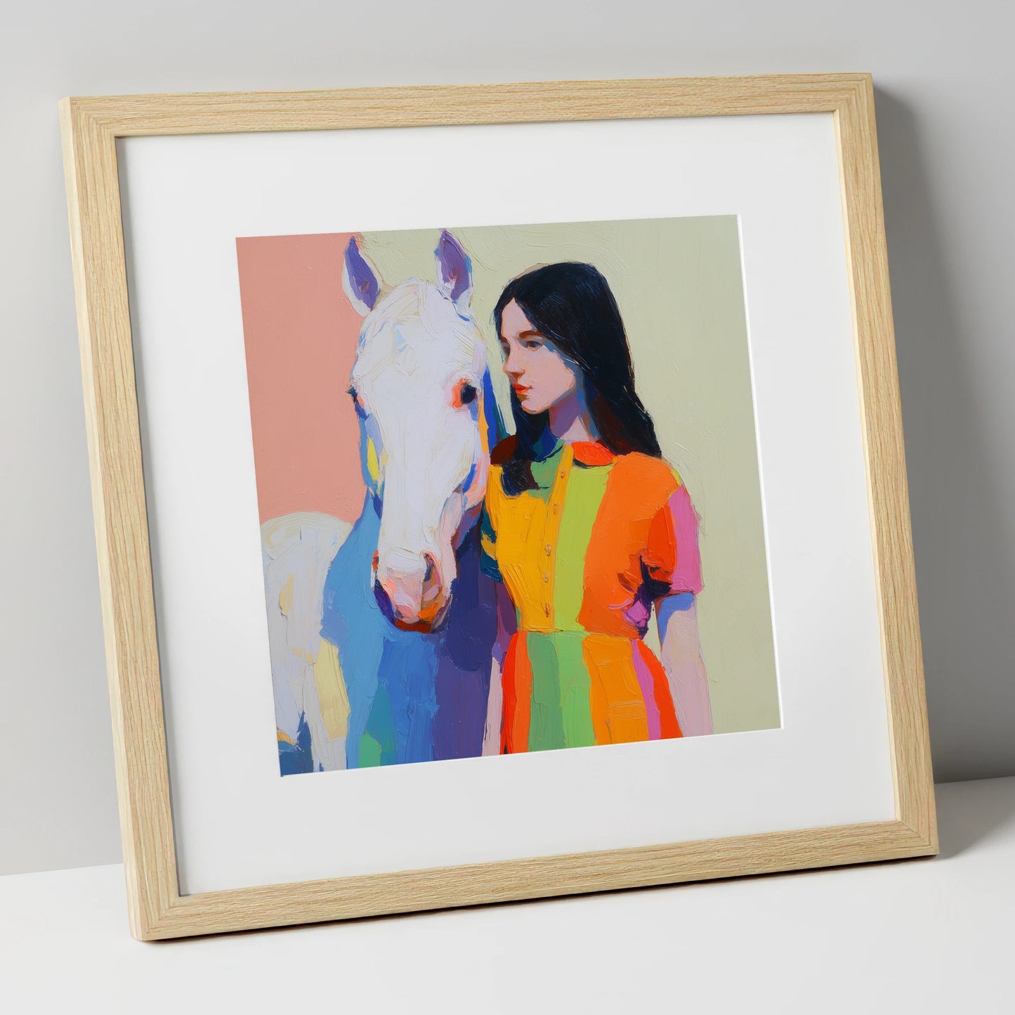 Vibrant Harmony horse & rider art print in natural frame