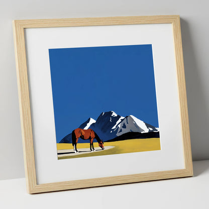 Majestic Mountain Grazing horse landscape art print in natural frame