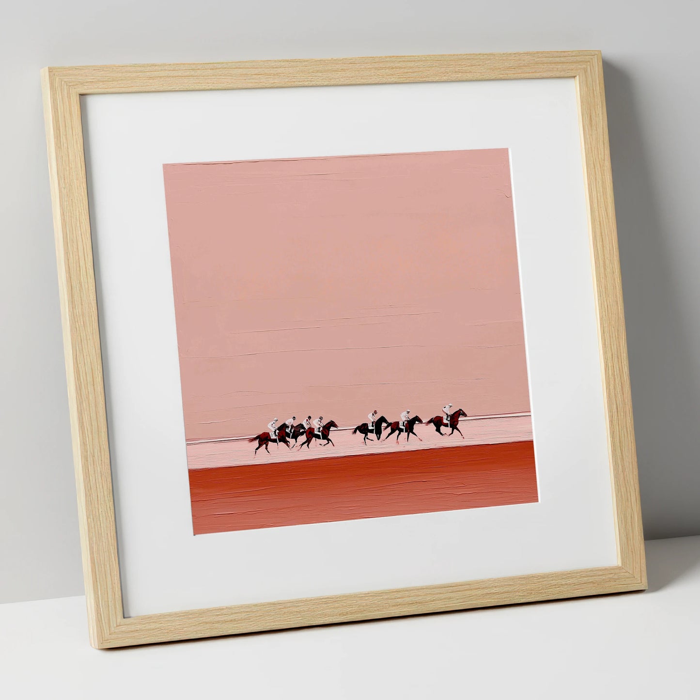 Dusty Rose Gallop racing horse art print in natural frame