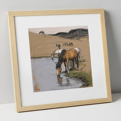Quiet at the Waterhole wild horses art print in natural frame