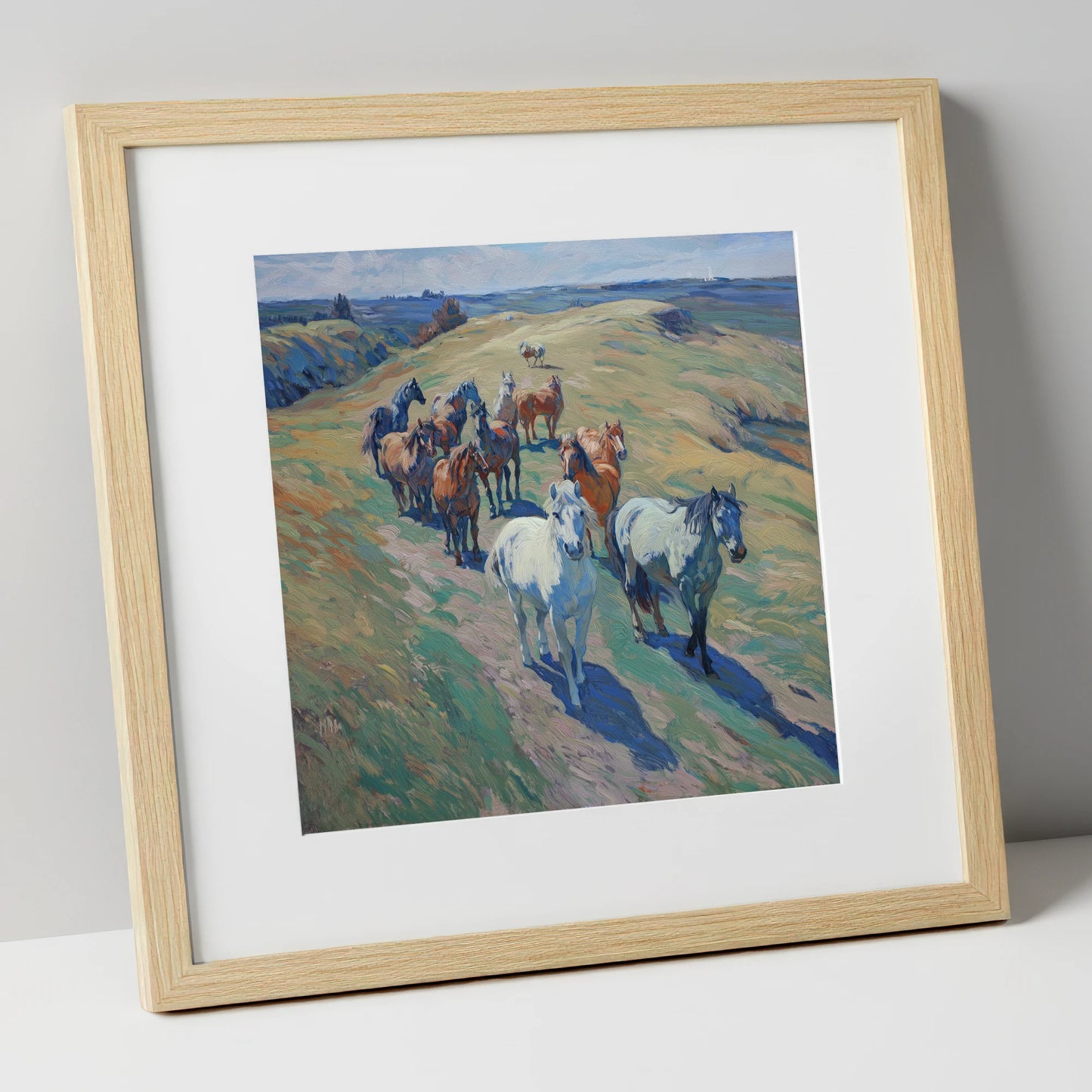 Over the Sunlit Rise wild horses art print in natural frame
