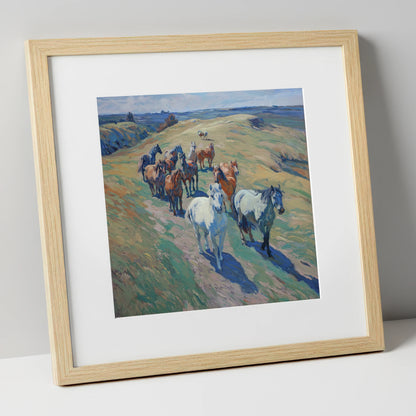 Over the Sunlit Rise wild horses art print in natural frame