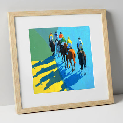 Bright Silks Long Shadows racing horse art print in natural frame