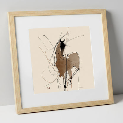 Dynamic Equine Silhouette horse portrait art print in natural frame