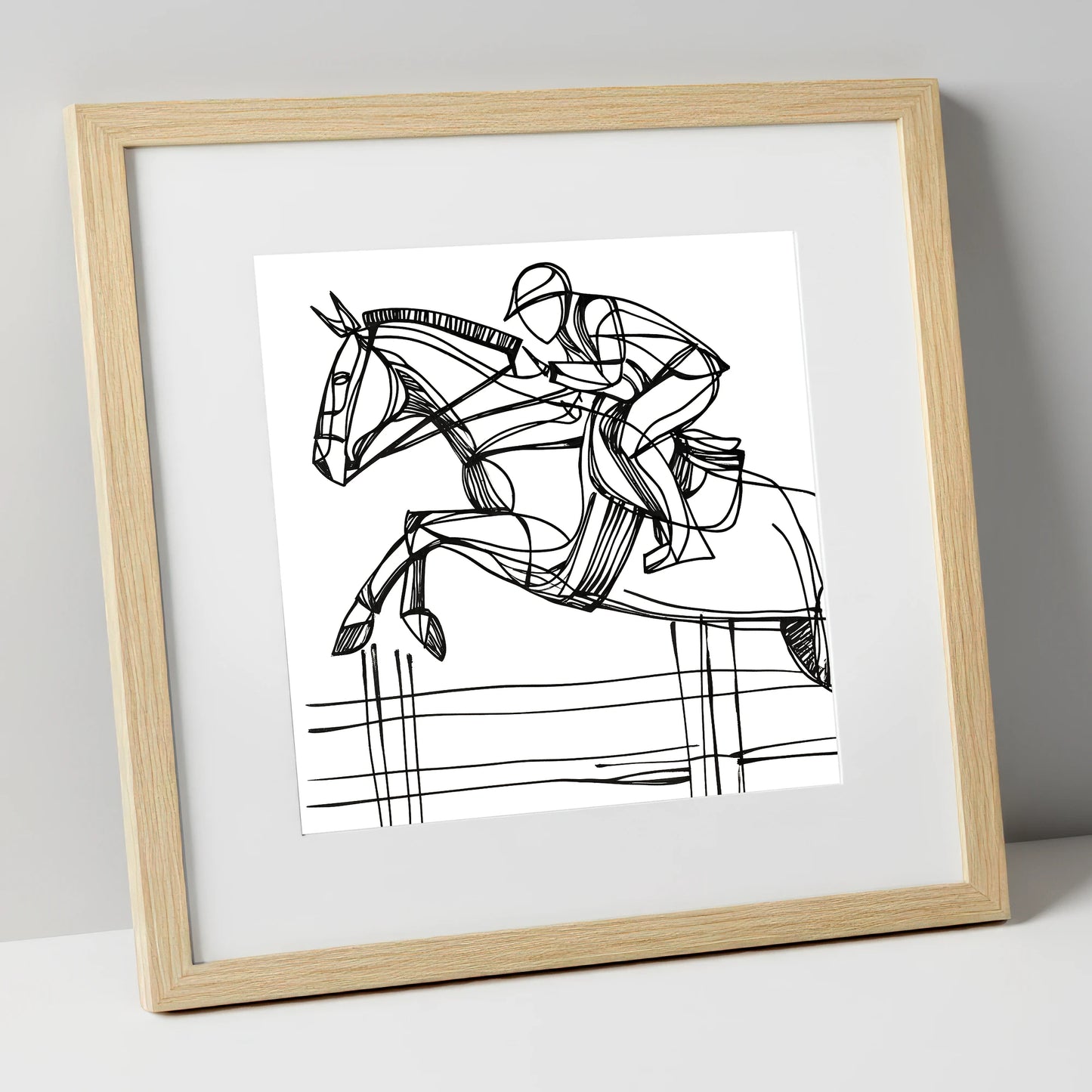 The Perfect Arc show jumping horse art print in natural frame