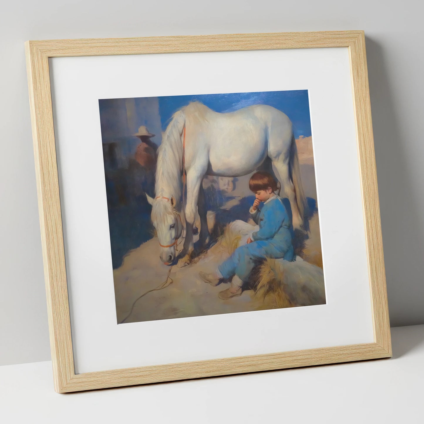 Quiet Companions horse & rider art print in natural frame