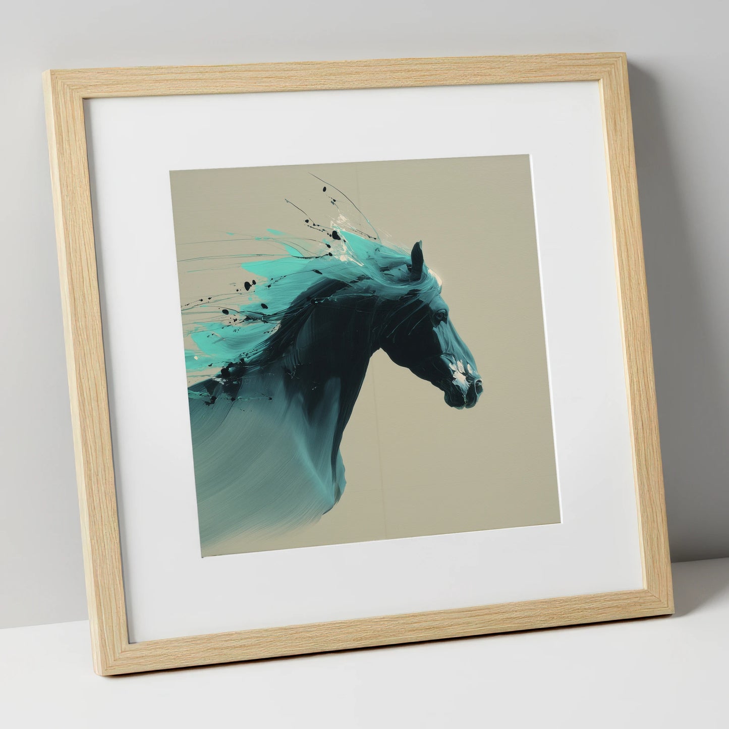 Teal Tempest horse breed art print in natural frame