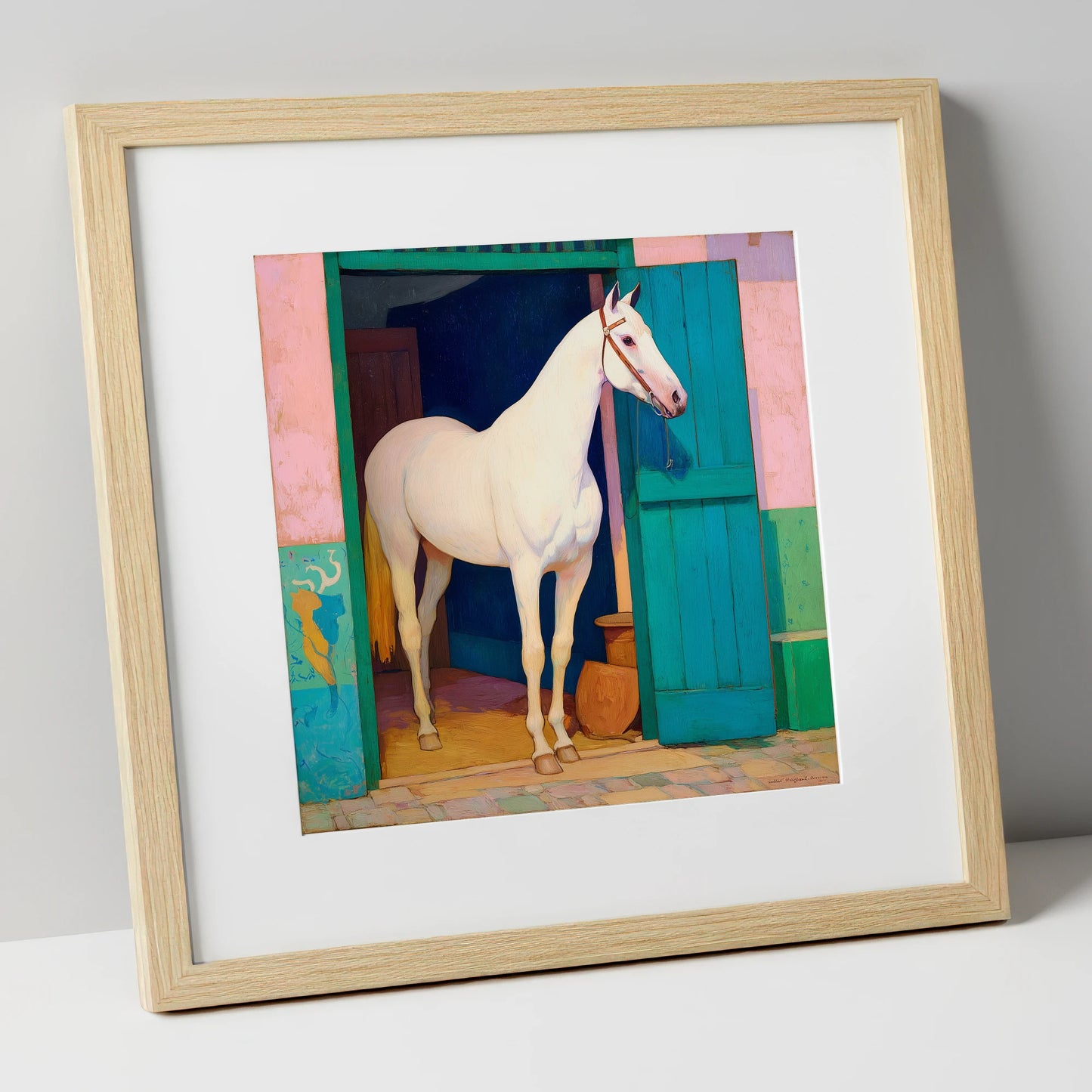 The Turquoise Door horse stable art print in natural frame