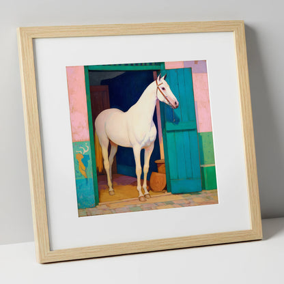 The Turquoise Door horse stable art print in natural frame