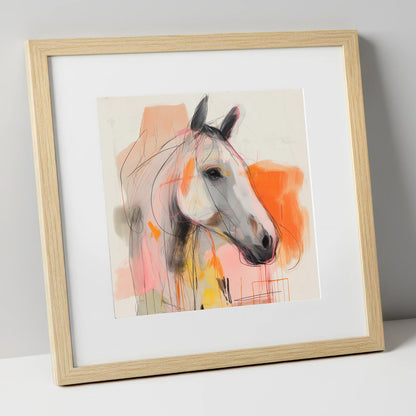 Vibrant Grey Spirit horse portrait art print in natural frame