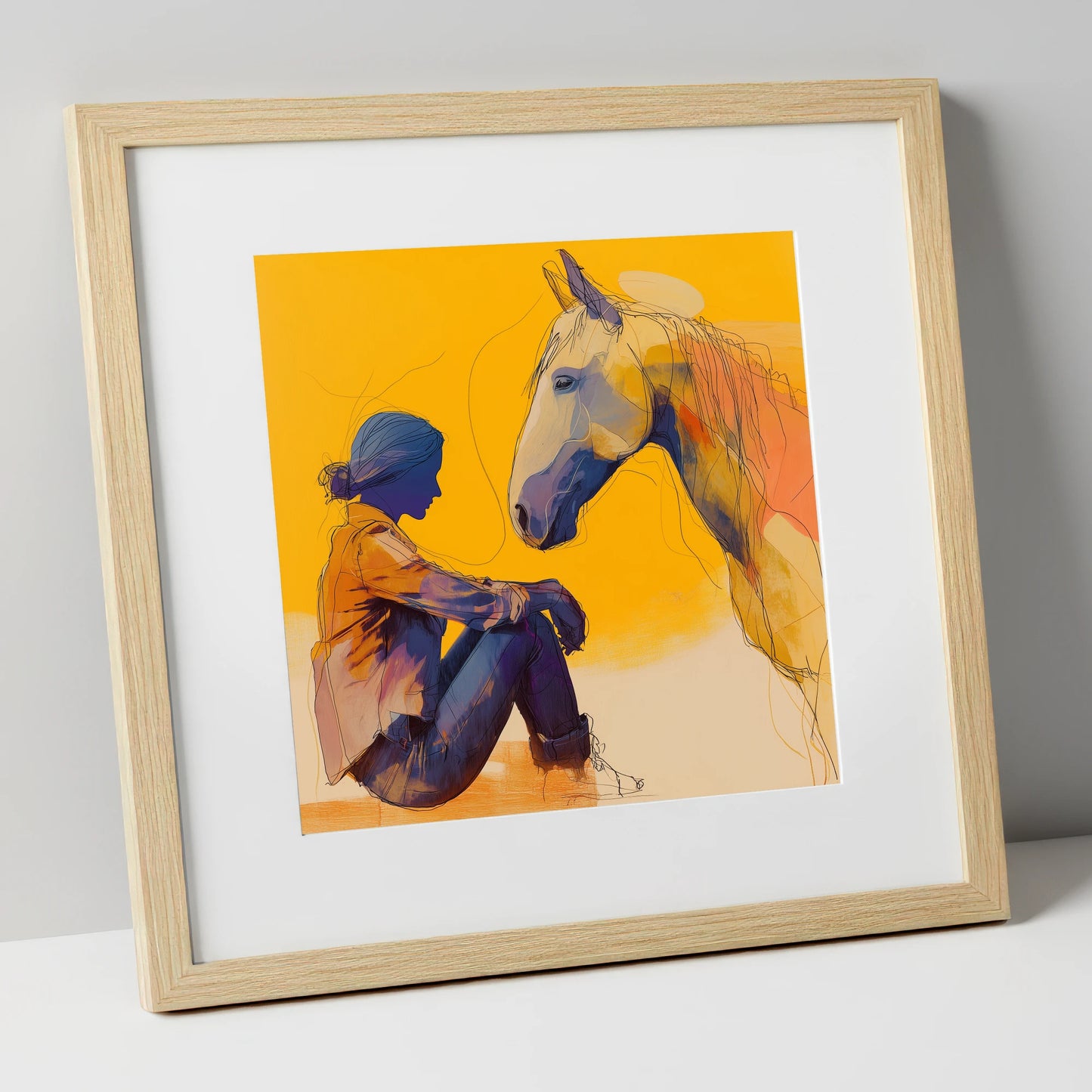 Quiet Communion horse & rider art print in natural frame