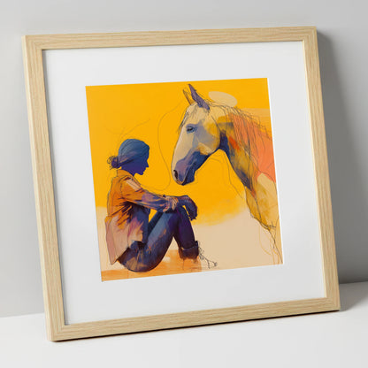Quiet Communion horse & rider art print in natural frame