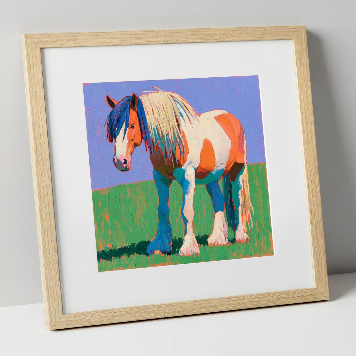 Vibrant Skewbald Gypsy Cob horse breed art print in natural frame