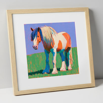 Vibrant Skewbald Gypsy Cob horse breed art print in natural frame