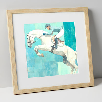 Airborne in Aquamarine show jumping horse art print in natural frame