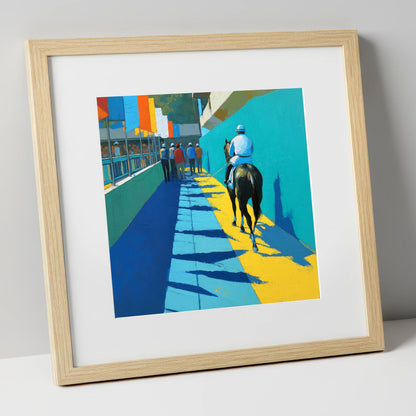 Walk to the Start racing horse art print in natural frame