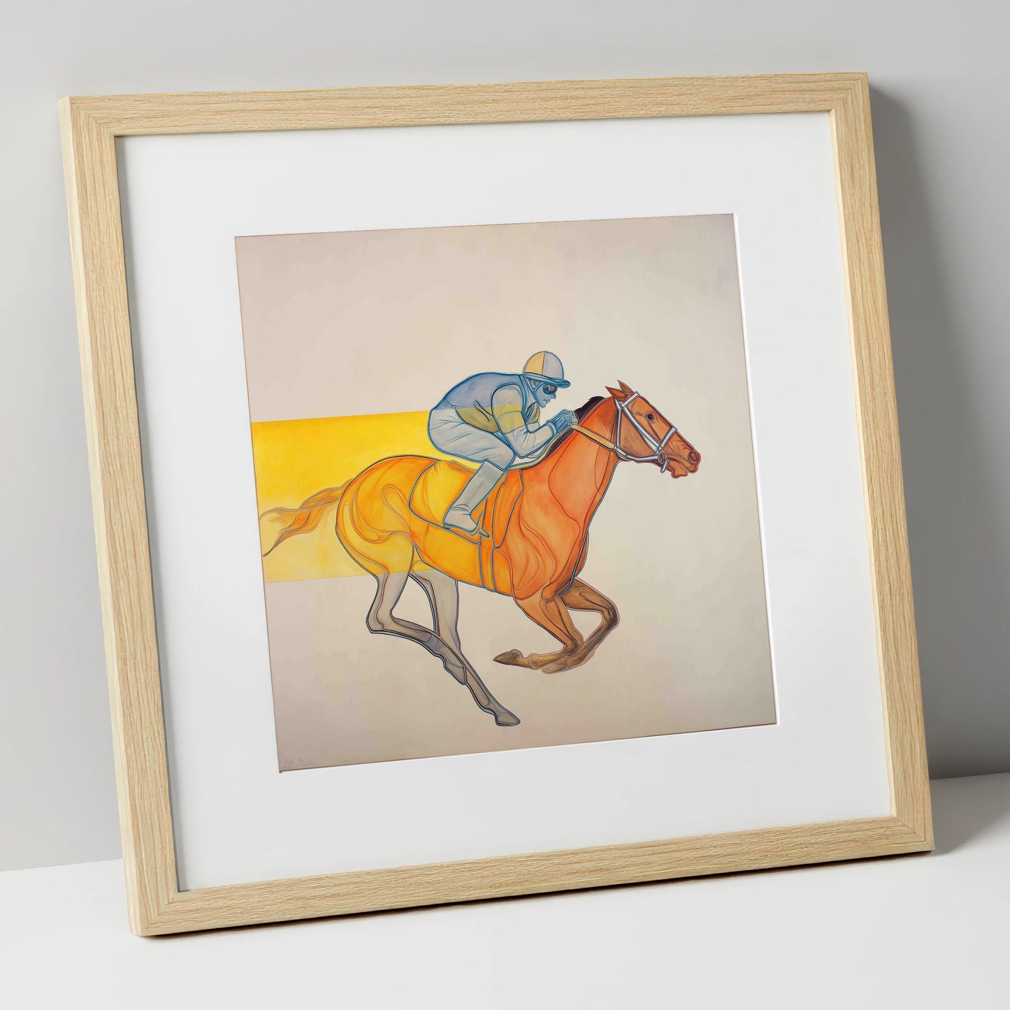 Radiant Racing Stride racing horse art print in natural frame