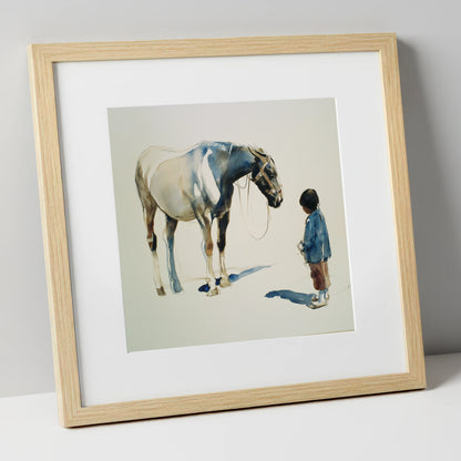 Silent Accord horse & rider art print in natural frame