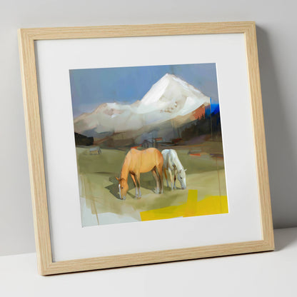 Grazing Beneath the Peaks horse landscape art print in natural frame