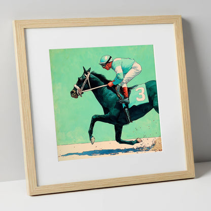 The Teal Flyer racing horse art print in natural frame
