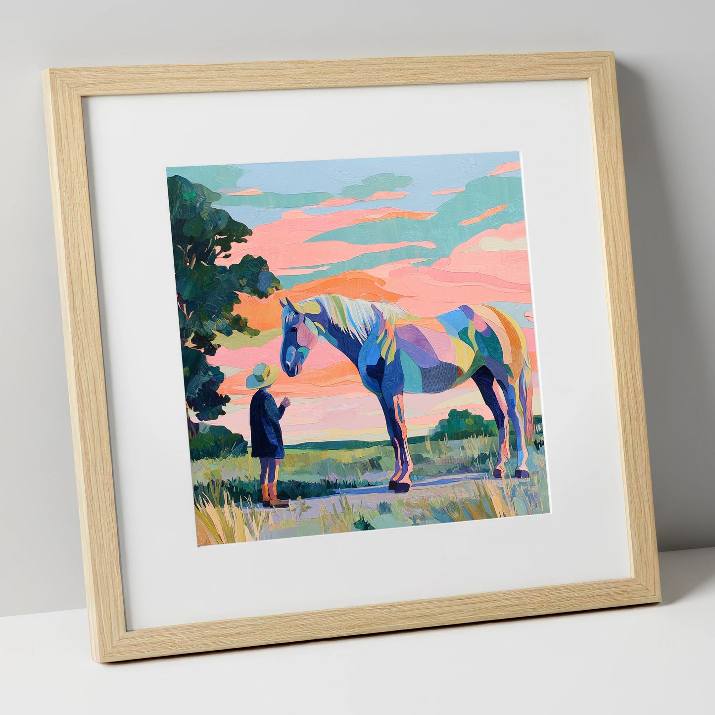 Vivid Connection horse & rider art print in natural frame