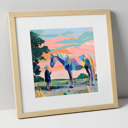 Vivid Connection horse & rider art print in natural frame