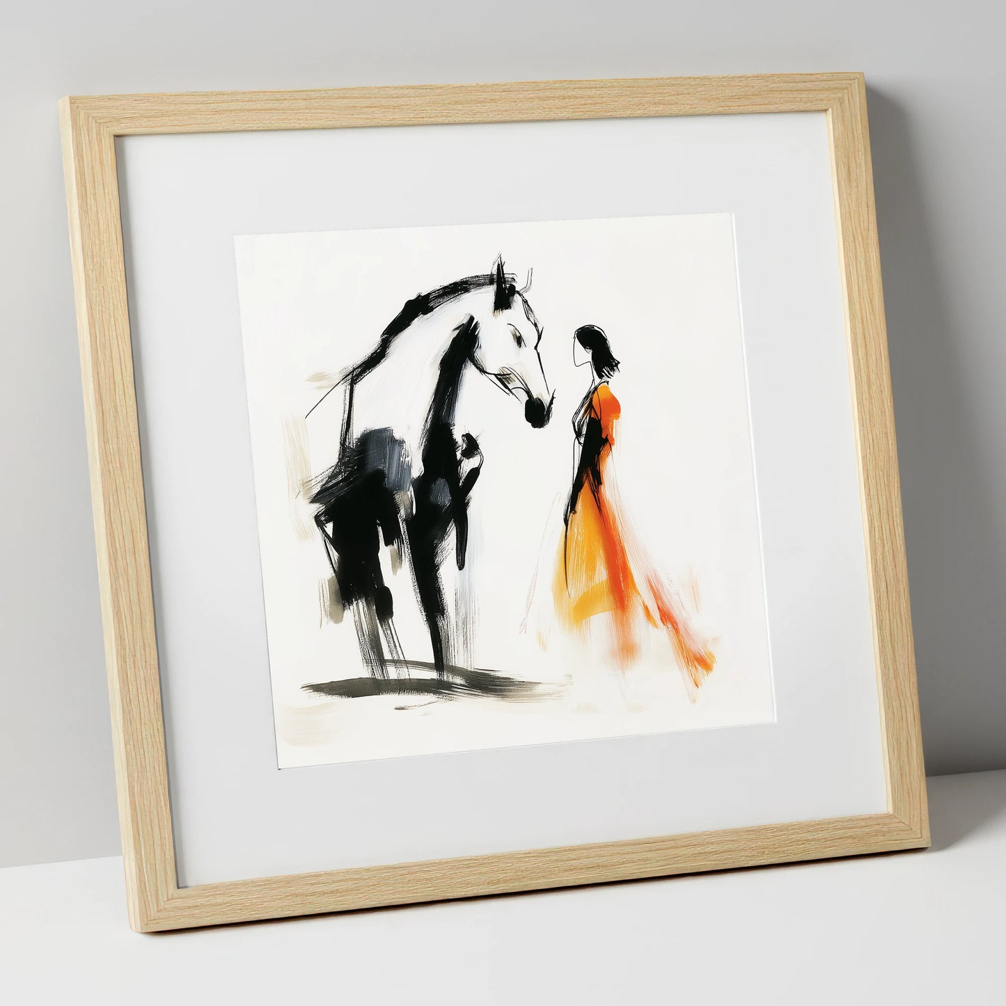 The Silent Connection horse & rider art print in natural frame