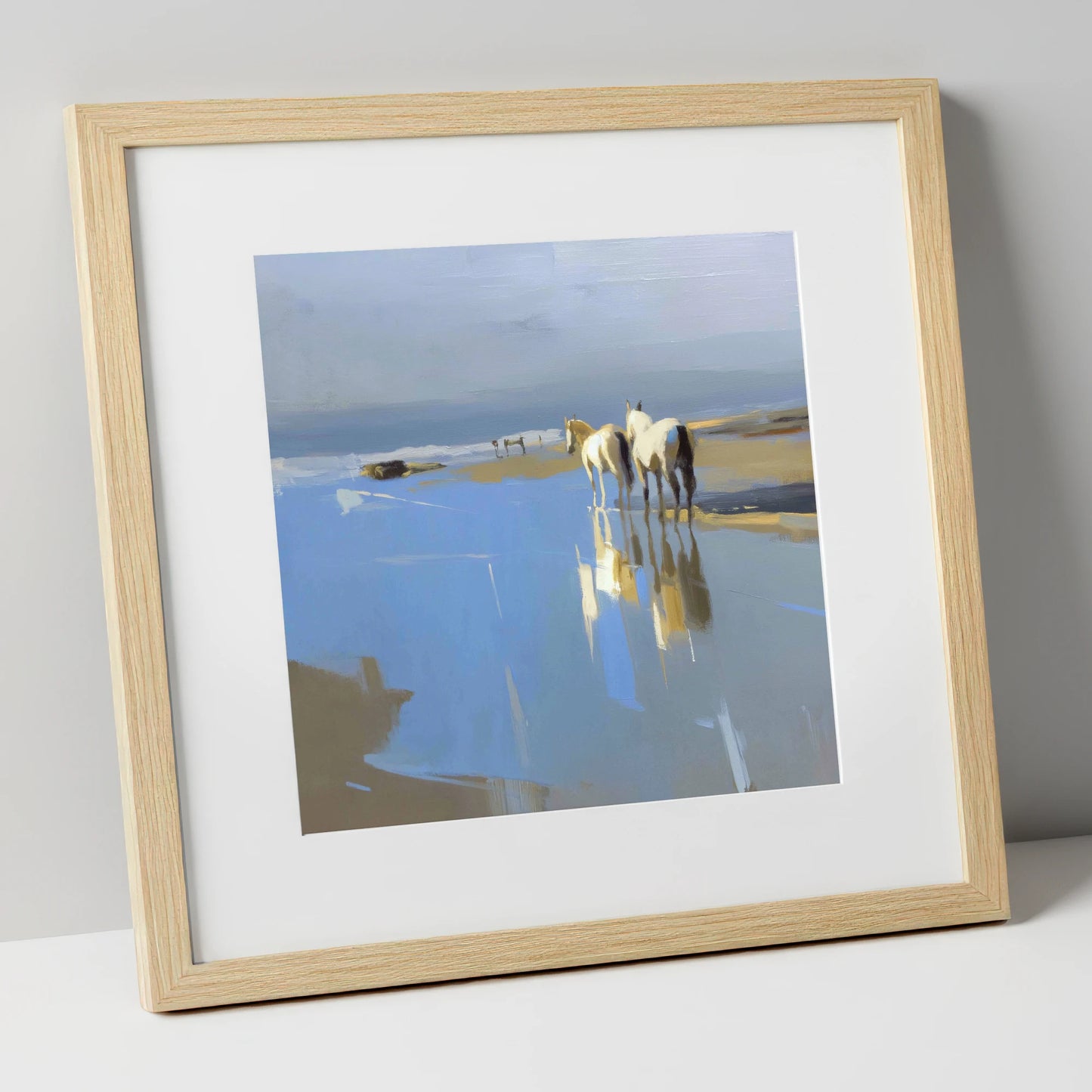 Sunlit Coastal Reflections horse landscape art print in natural frame