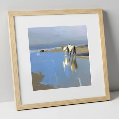 Sunlit Coastal Reflections horse landscape art print in natural frame
