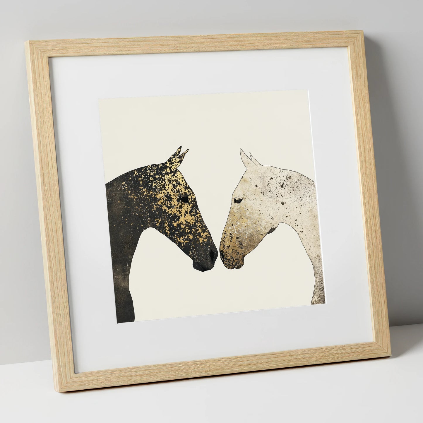 Gilded Encounter horse portrait art print in natural frame