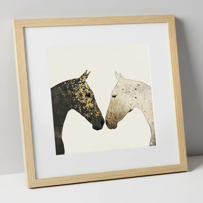 Gilded Encounter horse portrait art print in natural frame