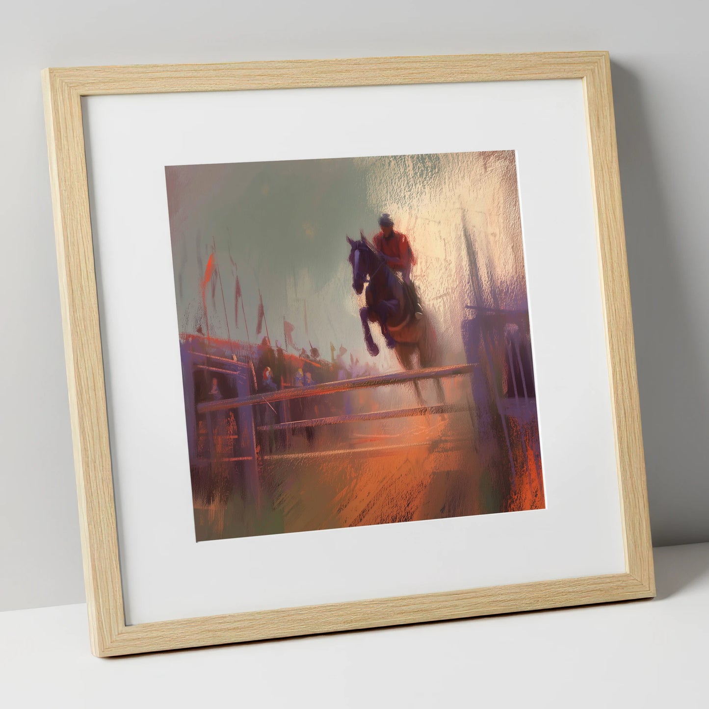 The Final Fence show jumping horse art print in natural frame