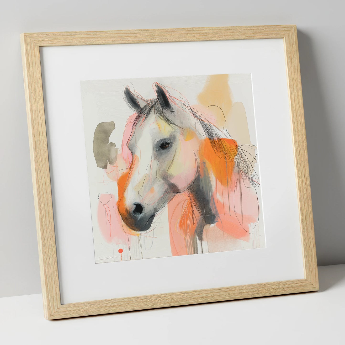 Vibrant Sunset Grey horse portrait art print in natural frame