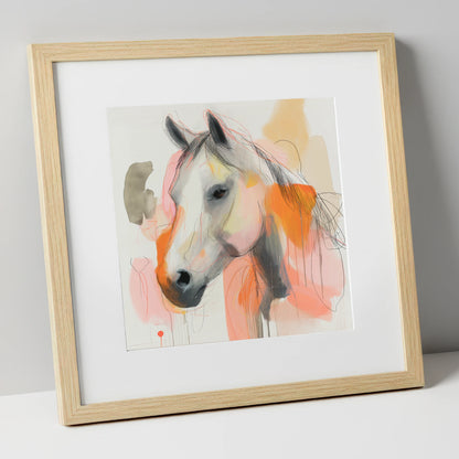 Vibrant Sunset Grey horse portrait art print in natural frame