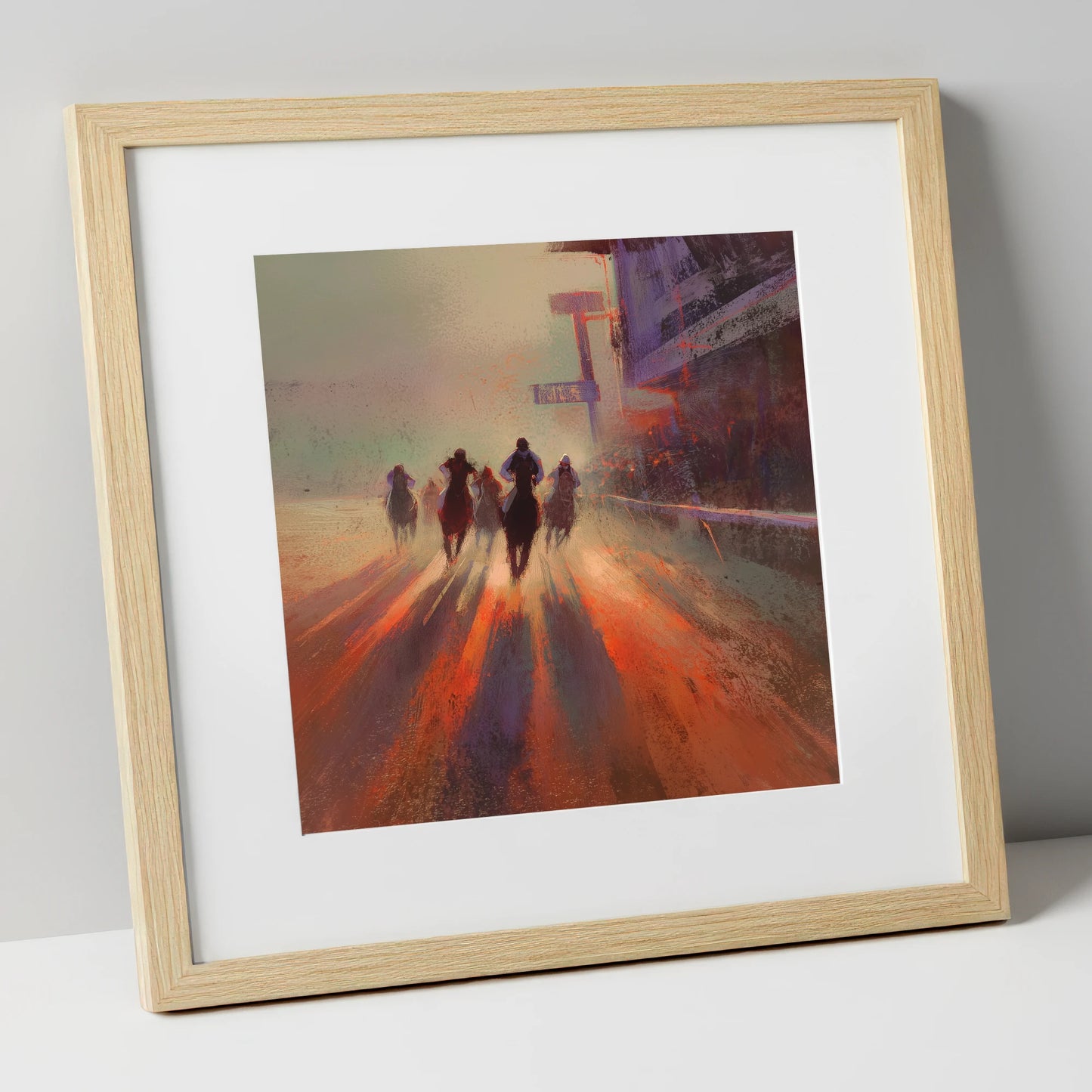 Shadows on the Track racing horse art print in natural frame
