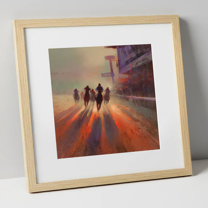 Shadows on the Track racing horse art print in natural frame