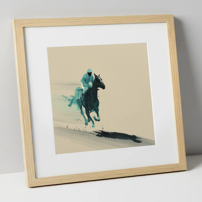 Velocity in Teal racing horse art print in natural frame