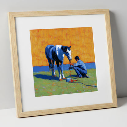 Sun-Drenched Connection horse & rider art print in natural frame